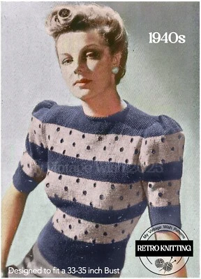 1940s Vintage Knitting Pattern Striped Blouse Ladies Sweater  - Retro WWII - Image 1 of 2
