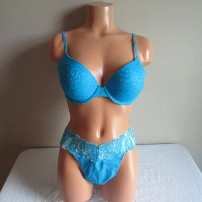 Victoria's Secret PINK Wear Everywhere Push Up Lace UW Bra 36B L Thong Blue NWT - Image 1 of 4