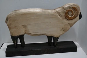 Primitive Folk Art Hand Carved Sculpture Wood Ram Sheep on Base/Stand 16" - Picture 1 of 6