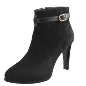 Tory Burch | Black Suede Patricia Mid Heel Buckle Booties - Picture 1 of 10