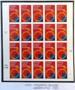 Scott# 3315 1999 33c Pane of 20 Prostate Cancer MNH - Picture 1 of 1