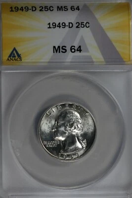 1949-D   .25   ANACS   MS 64    Washington Quarter, Silver 25 Cents (0.25) - Image 1 of 2