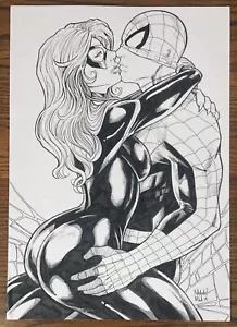 SPIDER MAN & BLACK CAT SIGNED ORIGINAL ART SKETCH Natanael Maia 2019 Comic - Picture 1 of 3
