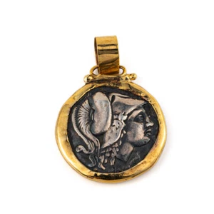 Athena Chalinitis Coin Pendant – 14K Gold 925 Sterling Silver, Greek Goddess - Picture 1 of 5
