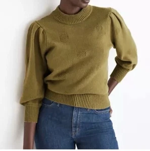 Suéter Madewell Punteado Eaton Verde M Manga Abullonada Pullover Dinero Antiguo Hilo Merino - Imagen 1 de 7