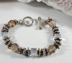 GORGEOUS Bracelet Sterling Silver Clear Beige Beaded Crystals 32 Grams Gr BOLD - Picture 1 of 17