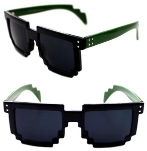 Mens Womens 8 Bit Tetris Pixel Sunglasses Polished Black Green Retro Novelty   - Picture 1 of 10