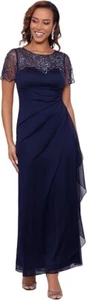 $279 Xscape Women's Beaded Sequin Illusion Neckline Jersey Dress, Navy, 8 - Picture 1 of 3