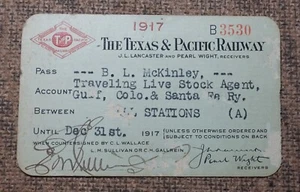 1917 Texas & Pacific Railway Train PASS ANNUAL YEARLY NoB3530 ((HAS PAPER LOSS) - Picture 1 of 2