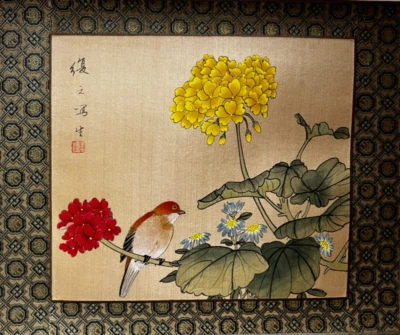 Pintura acuarela china vintage sobre seda - firmada - gorrión y flores Foto 1 de 4