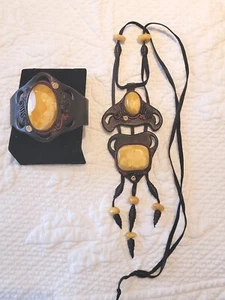 Egg Yolk Amber Necklace With Matching Bracelet, set in Carved Brown Leather  - Picture 1 of 11