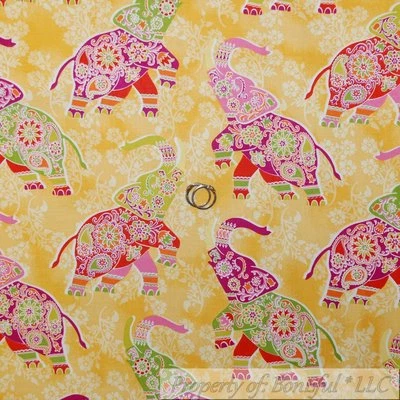 BonEful FABRIC FQ Cotton Quilt Yellow Flower Pink Elephant Large African Ethnic - Image 1 of 4