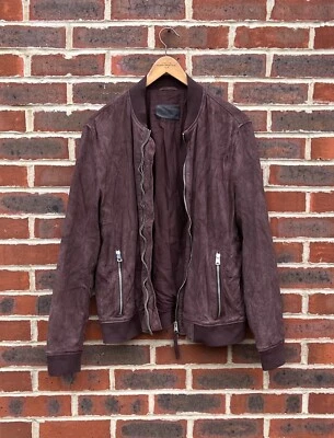 All Saints Mens KAIGO Suede Bomber Jacket XL Leather AllSaints Distressed Red Br - Image 1 of 4