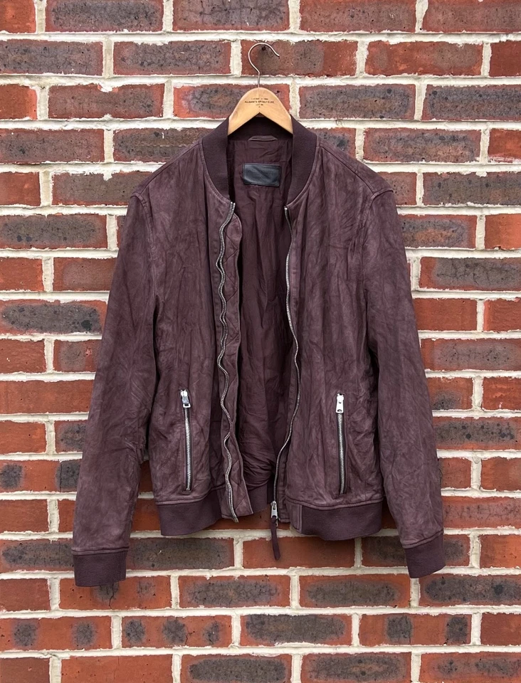 All Saints Mens KAIGO Suede Bomber Jacket XL Leather AllSaints Distressed Red Br - Image 1 of 4