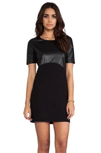 NEW C&C California Women's Dress M Black Faux Leather Mix Media S/S Stretch - Picture 1 of 12