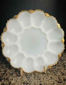 Anchor Hocking 1950’s Fire King Milk Glass Deviled Egg Plate Dish 22K Gold Trim - Picture 1 of 9
