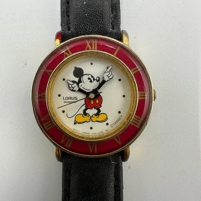 Reloj Mickey Mouse Vintage Mujer Tono Dorado Número Romano Bisel Correa Cuero Foto 1 de 4