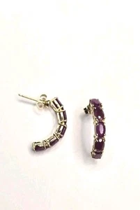 14k Gold Mexico Half Hoop Five Ruby Stones Earrings Lightweight Dainty  - Picture 1 of 9