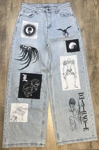 Pantalones de mezclilla parcheados Death Note de pierna ancha talla 11 sin cadena Hot Topic anime - Imagen 1 de 15