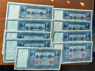 Group of 9 1910 Germany 100 mark notes - Image 1 of 3