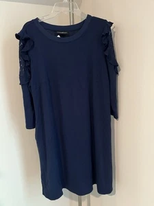 Abito nuovo con etichette Lane Bryant blu navy jersey maglia pizzo volant manica 3/4 tasche 14 16 - Foto 1 di 5