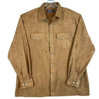 Vintage Damon Faux Suede Disco Shirt Mens XL Brown Button Long Sleeve Rockabilly - Image 1 of 4