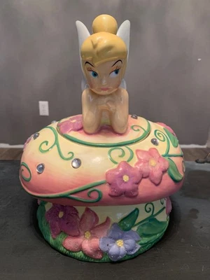 Jarro de biscoito de cerâmica vintage Disney Sininho floral com joias cogumelo - Imagem 1 de 4