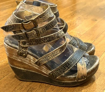 Bed Stu Juliana Wooden Wedges Heels Strappy Sandals Brown Distressed 8 Leather - Image 1 of 4