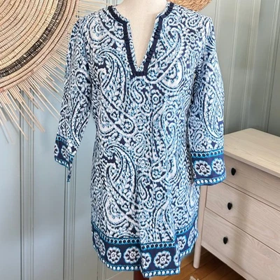 Top túnica Brooks Brothers cachemir cuello en V azul marino blanco manga 3/4 talla S Foto 1 de 4