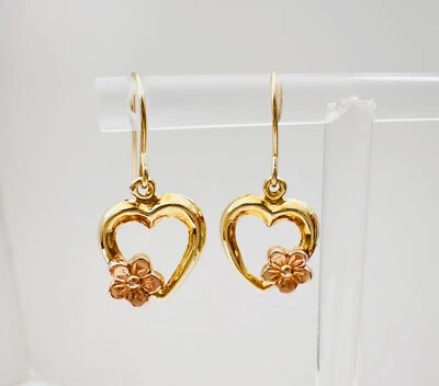 Estate 10K Multi-Tone Gold Small Lightweight Heart w/Flower Dangle Drop Earrings - Image 1 of 4