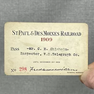 Pase de ferrocarril St Paul & Des Moines 1909 - Imagen 1 de 3