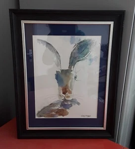 WILLIS HARE PRINT VICKY CRAGGS L 23.5 X 18.2 CM BLUES BROWNS FRAMED - Picture 1 of 12