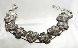 Brighton HEARTS CROSSING Two Tone Cross Heart Slide Rhinestone Accent Bracelet - Picture 1 of 12