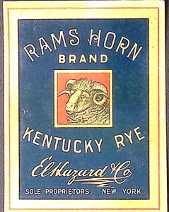 Pre-Prohibición Cuerno de Carnero Marca Kentucky Rye ElHazard & Co Etiqueta Dorada - Imagen 1 de 3
