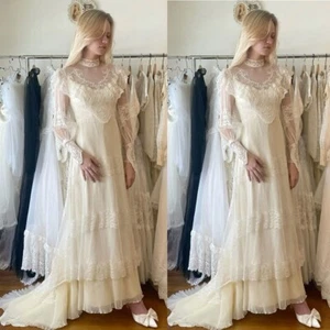 1950s Vintage Light Champagne Wedding Dresses Long Sleeve High Neck Bridal Gowns - Picture 1 of 9