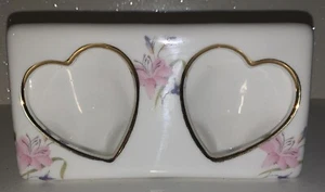 Vintage Porcelain Double Hearts Mini Picture Frame w Floral Design 5 inch Long - Picture 1 of 3