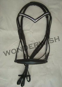 V-Shape Crystal Leather Browband & Drop Noseband Horse Bridle Set In 4 Sizes  - Picture 1 of 4