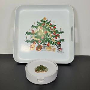 Vintage Japan 8 Pc Set Christmas Tree Bear Plastic Square Tray Round Coasters - Picture 1 of 12