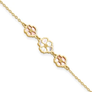 14k Yellow Gold Pink/White MO Pearl Flowers Bracelet 7in w/1in ext. for Mom - Picture 1 of 6