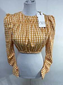 Zara Damen XS orange weiß Puff lange geraffte Ärmel Cropped Bluse $ 45,90 - Bild 1 von 15