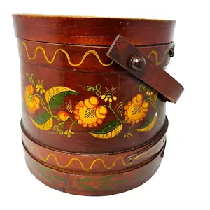 Antique WOODEN FIRKIN/SUGAR BUCKET with Swing Handle Floral Design & Lid 10”dia - Picture 1 of 20