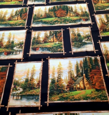1 Yd 'A Peaceful Retreat' Thomas Kinkade CABINS Mtns 'Framed' Squares BENARTEX - Image 1 of 4