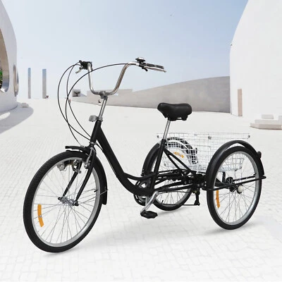 24 Zoll Dreirad Erwachsene Senioren Dreirad 6 Gang 3 Räder Bike+ Korb + Licht DE - Bild 1 von 4