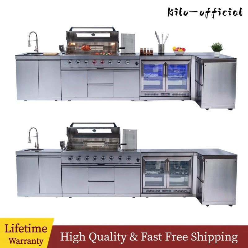 157" 6-Burner 96000BTU Outdoor Kitchen Bar Barbecue Island Grill w/Cooler & Sink - Image 1 of 4