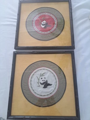 Pair of antique  Panda Chinese round silk embroidery in Bamboo Like Black frame  - Image 1 of 4