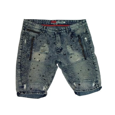 1738 Dynasty Denim Blue  Jean Shorts Men 38 Distressed Paint Splatter Streetwear - Image 1 of 4