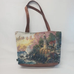 Thomas Kinkade Print Tapestry Tote Bag Lighthouse Ocean Scene 17"x11" - Picture 1 of 12