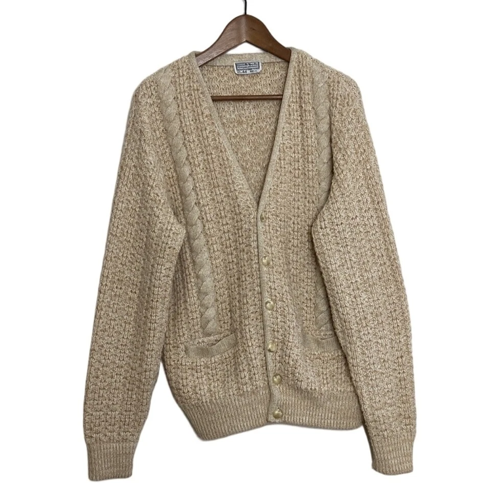Vintage Cardigan Sweater Mens Large Beige Cable Knit Eclectic Grampa Grunge Foto 1 de 4