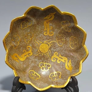7.1" China Old Antique Porcelain Song Ru Kiln Marked Gilt Flower Mouth Plate - Picture 1 of 9