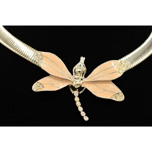 Vintage Dragonfly Collar Necklace Omega Crystal Pink Enamel Chunky NOS 1980s 9A - Picture 1 of 12